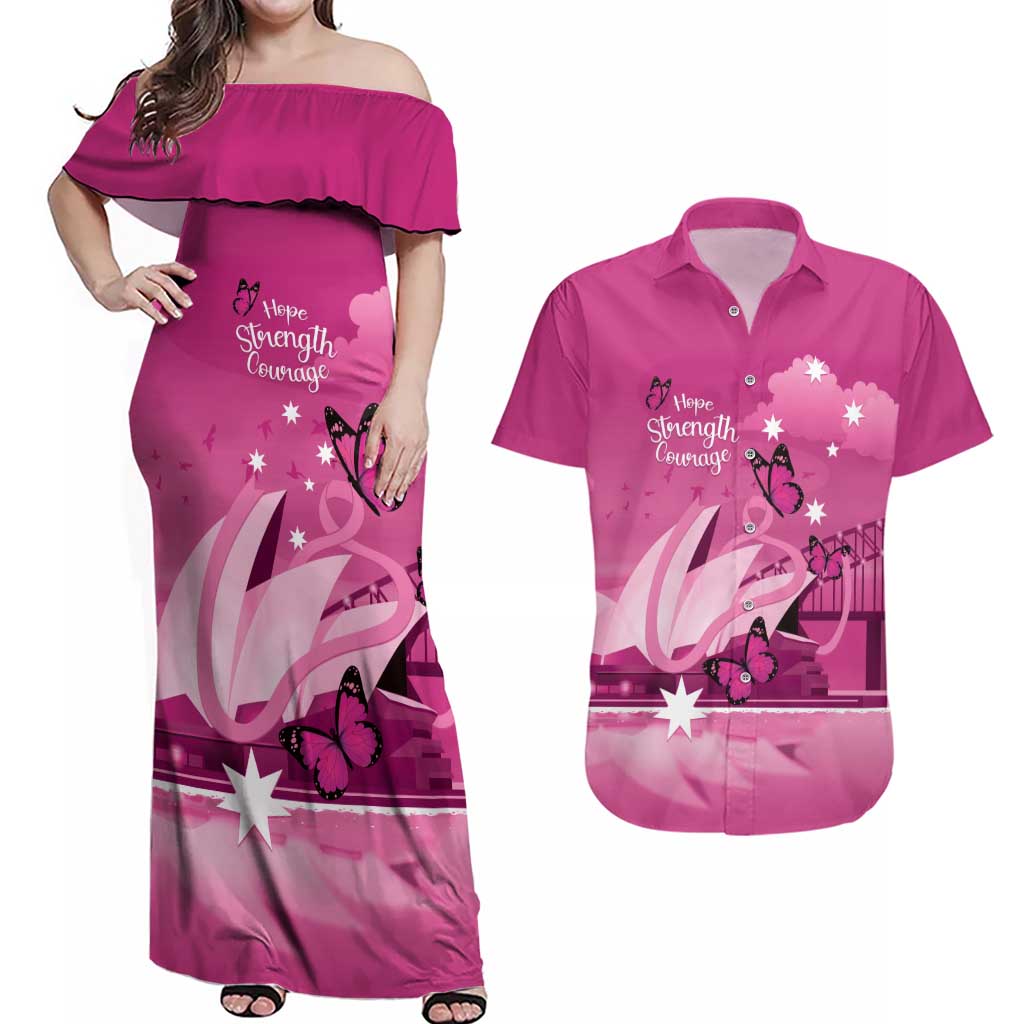 Personalised Australia Breast Cancer Awareness Couples Matching Off Shoulder Maxi Dress and Hawaiian Shirt Sydney Opera House Butterfly Pink Ribbon - Aussie Hoodie