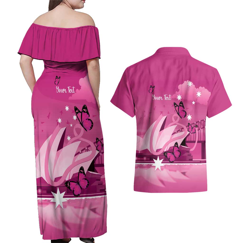 Personalised Australia Breast Cancer Awareness Couples Matching Off Shoulder Maxi Dress and Hawaiian Shirt Sydney Opera House Butterfly Pink Ribbon - Aussie Hoodie
