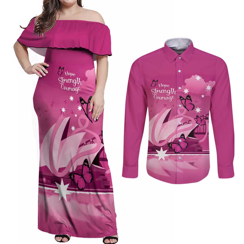 Personalised Australia Breast Cancer Awareness Couples Matching Off Shoulder Maxi Dress and Long Sleeve Button Shirt Sydney Opera House Butterfly Pink Ribbon - Aussie Hoodie