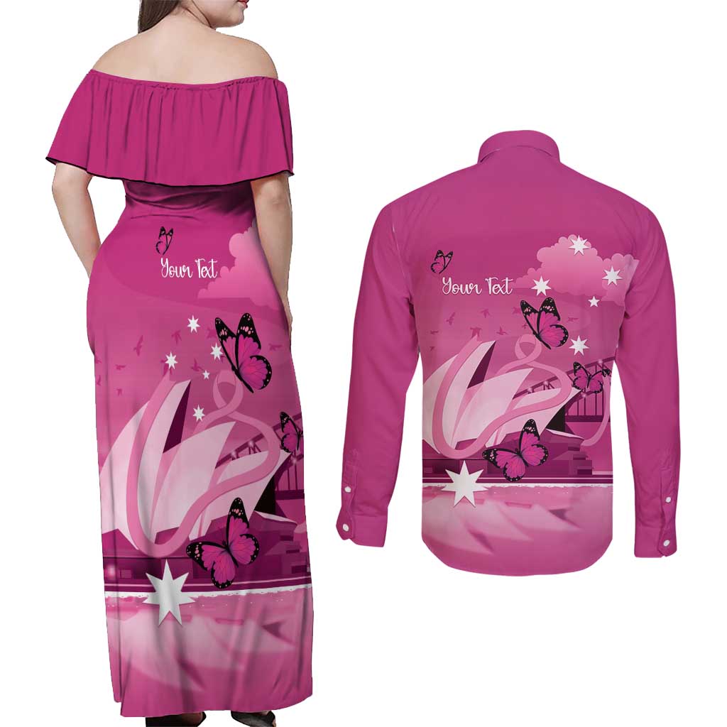 Personalised Australia Breast Cancer Awareness Couples Matching Off Shoulder Maxi Dress and Long Sleeve Button Shirt Sydney Opera House Butterfly Pink Ribbon - Aussie Hoodie