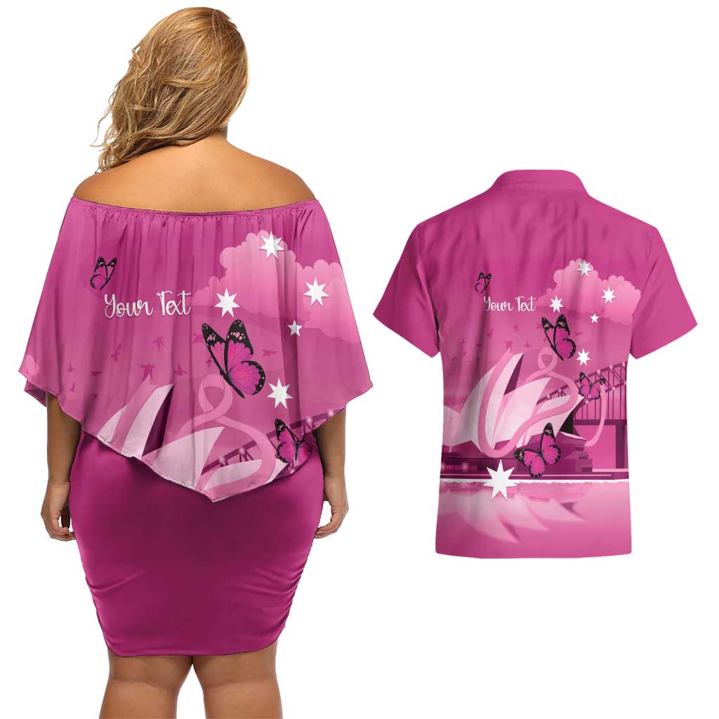 Personalised Australia Breast Cancer Awareness Couples Matching Off Shoulder Short Dress and Hawaiian Shirt Sydney Opera House Butterfly Pink Ribbon - Aussie Hoodie