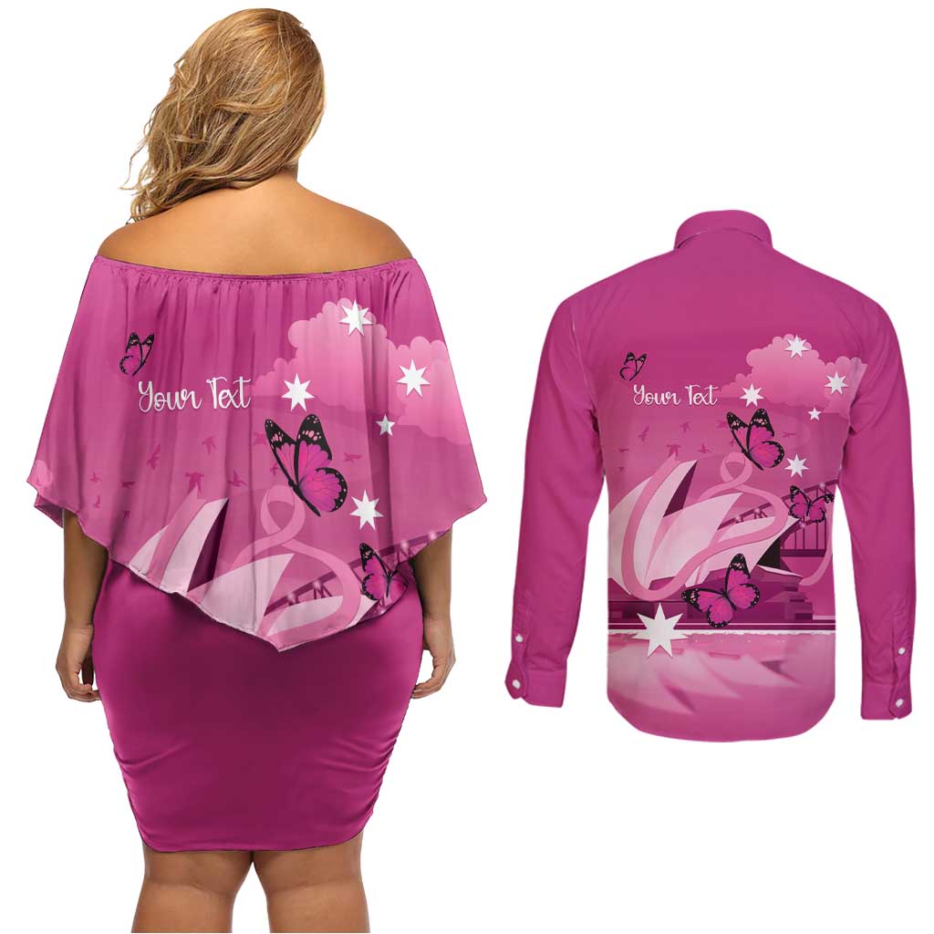 Personalised Australia Breast Cancer Awareness Couples Matching Off Shoulder Short Dress and Long Sleeve Button Shirt Sydney Opera House Butterfly Pink Ribbon - Aussie Hoodie