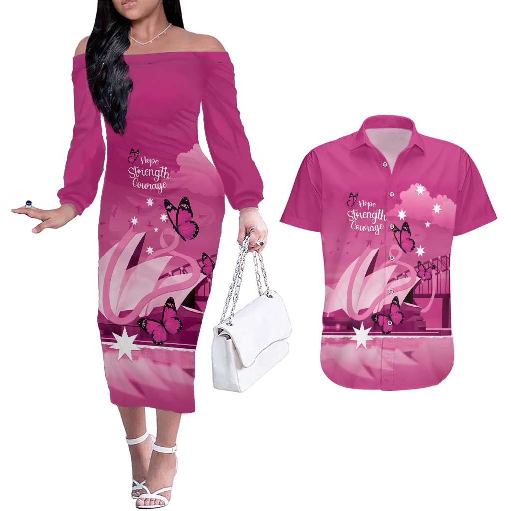 Personalised Australia Breast Cancer Awareness Couples Matching Off The Shoulder Long Sleeve Dress and Hawaiian Shirt Sydney Opera House Butterfly Pink Ribbon - Aussie Hoodie