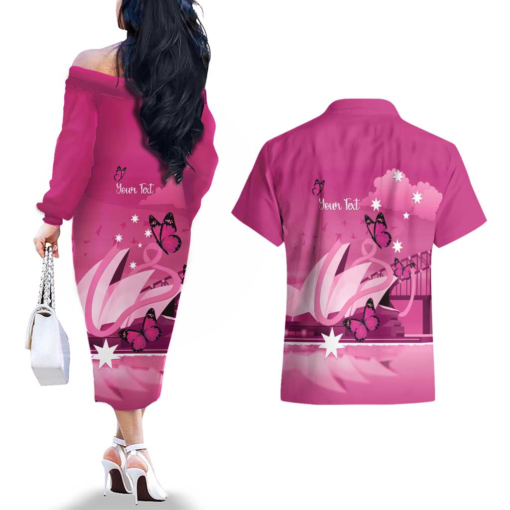 Personalised Australia Breast Cancer Awareness Couples Matching Off The Shoulder Long Sleeve Dress and Hawaiian Shirt Sydney Opera House Butterfly Pink Ribbon - Aussie Hoodie