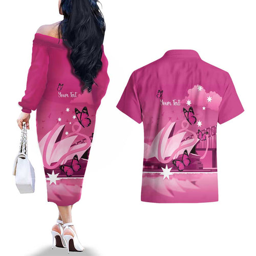 Personalised Australia Breast Cancer Awareness Couples Matching Off The Shoulder Long Sleeve Dress and Hawaiian Shirt Sydney Opera House Butterfly Pink Ribbon - Aussie Hoodie