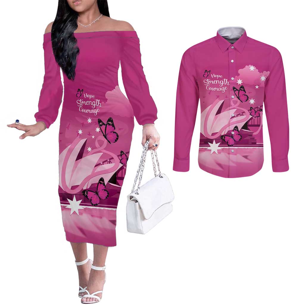 Personalised Australia Breast Cancer Awareness Couples Matching Off The Shoulder Long Sleeve Dress and Long Sleeve Button Shirt Sydney Opera House Butterfly Pink Ribbon - Aussie Hoodie