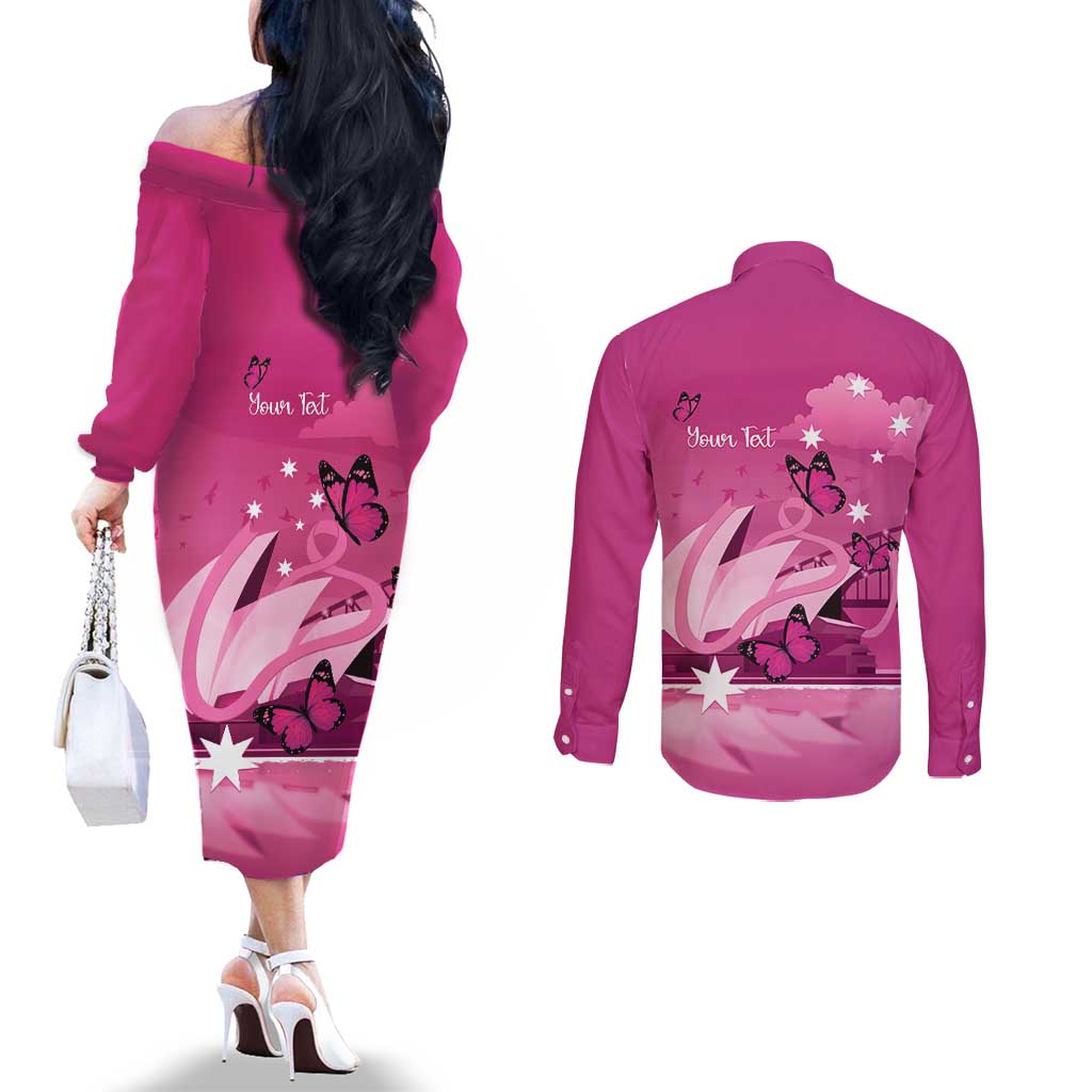 Personalised Australia Breast Cancer Awareness Couples Matching Off The Shoulder Long Sleeve Dress and Long Sleeve Button Shirt Sydney Opera House Butterfly Pink Ribbon - Aussie Hoodie