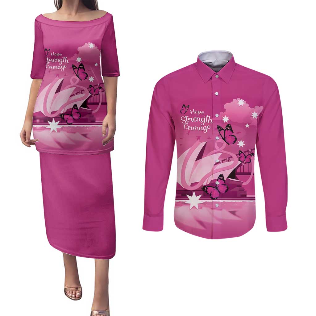Personalised Australia Breast Cancer Awareness Couples Matching Puletasi and Long Sleeve Button Shirt Sydney Opera House Butterfly Pink Ribbon - Aussie Hoodie