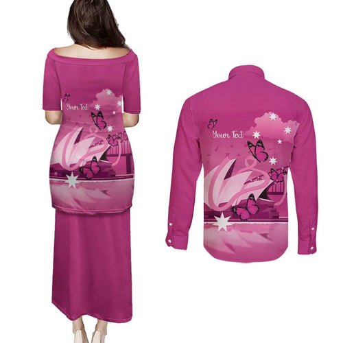 Personalised Australia Breast Cancer Awareness Couples Matching Puletasi and Long Sleeve Button Shirt Sydney Opera House Butterfly Pink Ribbon - Aussie Hoodie