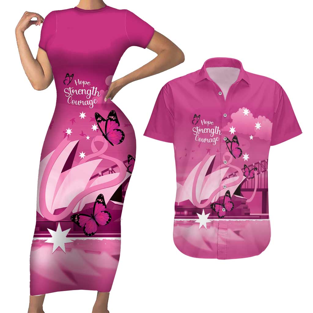 Personalised Australia Breast Cancer Awareness Couples Matching Short Sleeve Bodycon Dress and Hawaiian Shirt Sydney Opera House Butterfly Pink Ribbon - Aussie Hoodie