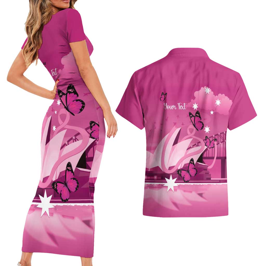 Personalised Australia Breast Cancer Awareness Couples Matching Short Sleeve Bodycon Dress and Hawaiian Shirt Sydney Opera House Butterfly Pink Ribbon - Aussie Hoodie