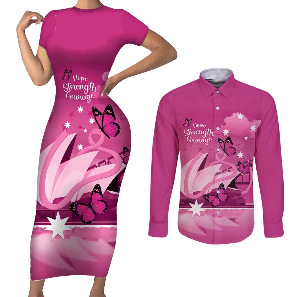 Personalised Australia Breast Cancer Awareness Couples Matching Short Sleeve Bodycon Dress and Long Sleeve Button Shirt Sydney Opera House Butterfly Pink Ribbon - Aussie Hoodie