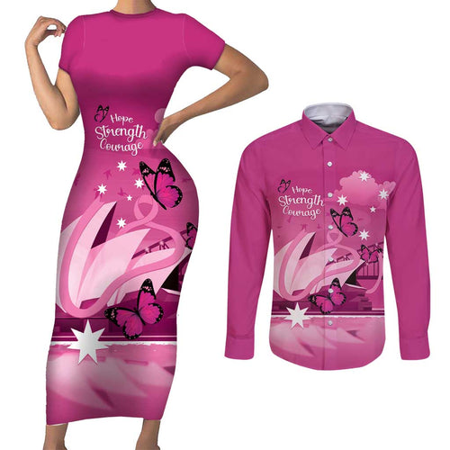Personalised Australia Breast Cancer Awareness Couples Matching Short Sleeve Bodycon Dress and Long Sleeve Button Shirt Sydney Opera House Butterfly Pink Ribbon - Aussie Hoodie