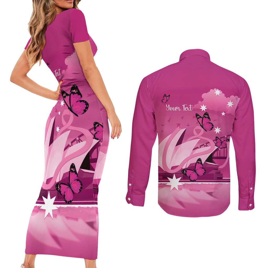 Personalised Australia Breast Cancer Awareness Couples Matching Short Sleeve Bodycon Dress and Long Sleeve Button Shirt Sydney Opera House Butterfly Pink Ribbon - Aussie Hoodie