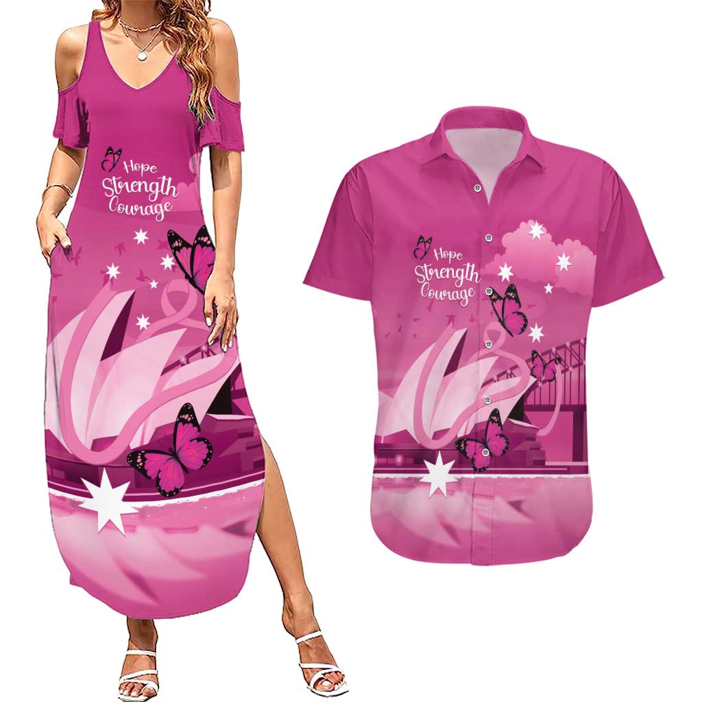 Personalised Australia Breast Cancer Awareness Couples Matching Summer Maxi Dress and Hawaiian Shirt Sydney Opera House Butterfly Pink Ribbon - Aussie Hoodie