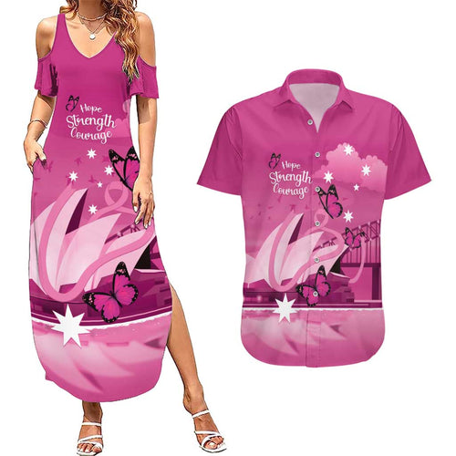 Personalised Australia Breast Cancer Awareness Couples Matching Summer Maxi Dress and Hawaiian Shirt Sydney Opera House Butterfly Pink Ribbon - Aussie Hoodie