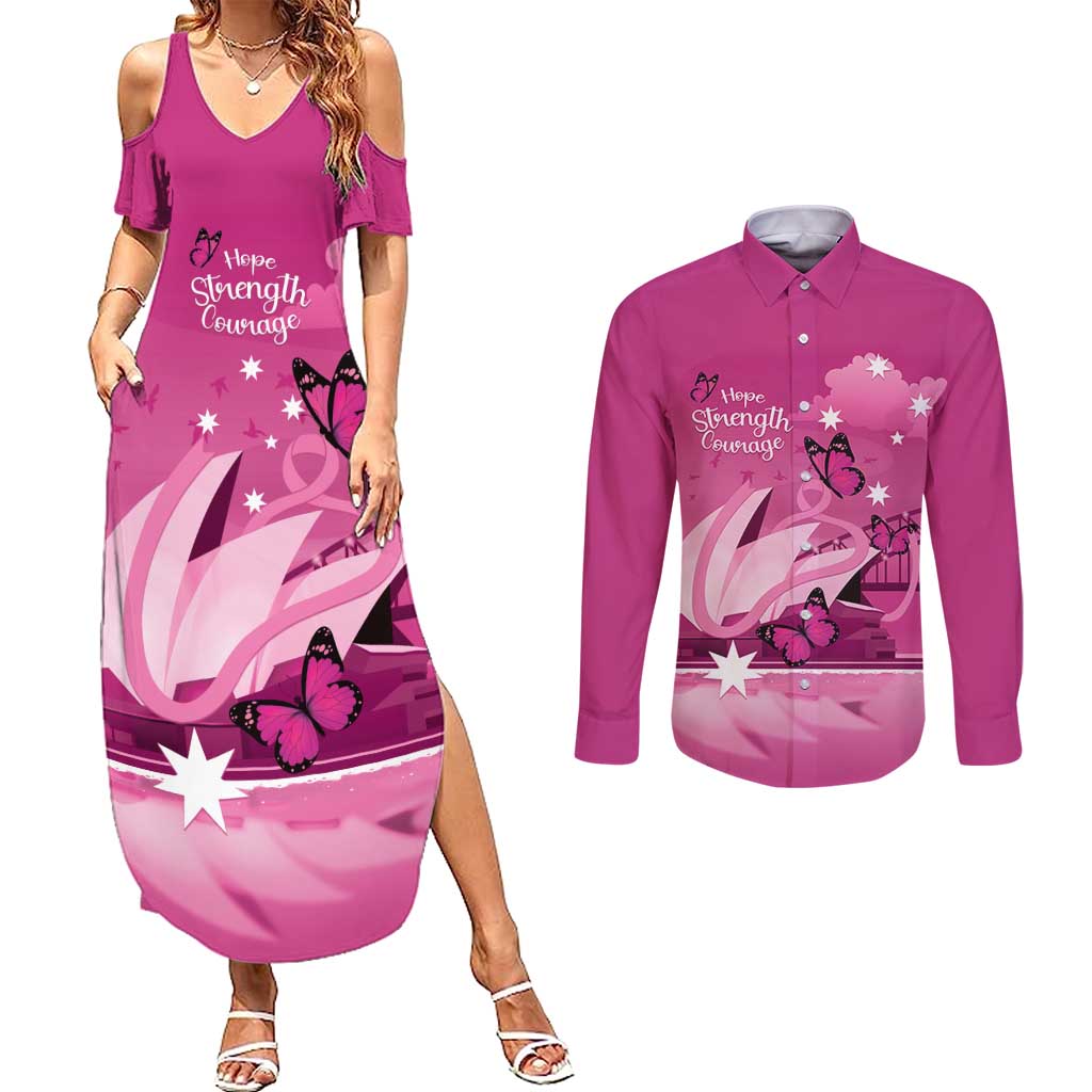 Personalised Australia Breast Cancer Awareness Couples Matching Summer Maxi Dress and Long Sleeve Button Shirt Sydney Opera House Butterfly Pink Ribbon - Aussie Hoodie