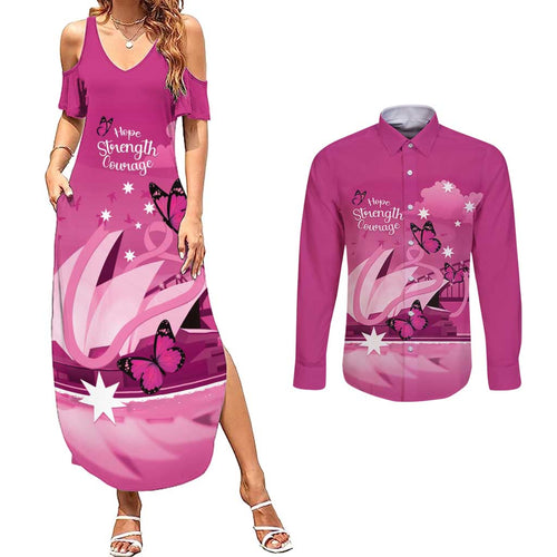 Personalised Australia Breast Cancer Awareness Couples Matching Summer Maxi Dress and Long Sleeve Button Shirt Sydney Opera House Butterfly Pink Ribbon - Aussie Hoodie