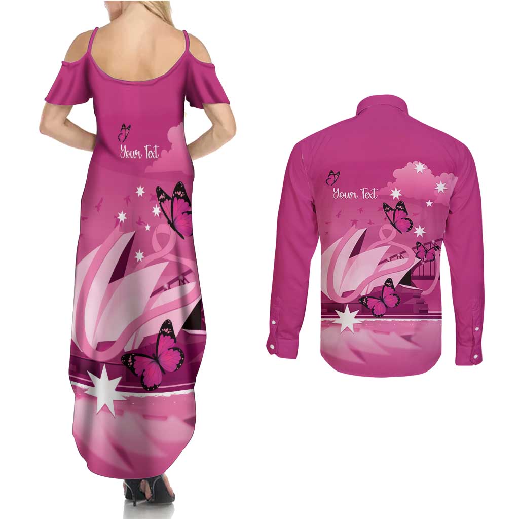 Personalised Australia Breast Cancer Awareness Couples Matching Summer Maxi Dress and Long Sleeve Button Shirt Sydney Opera House Butterfly Pink Ribbon - Aussie Hoodie