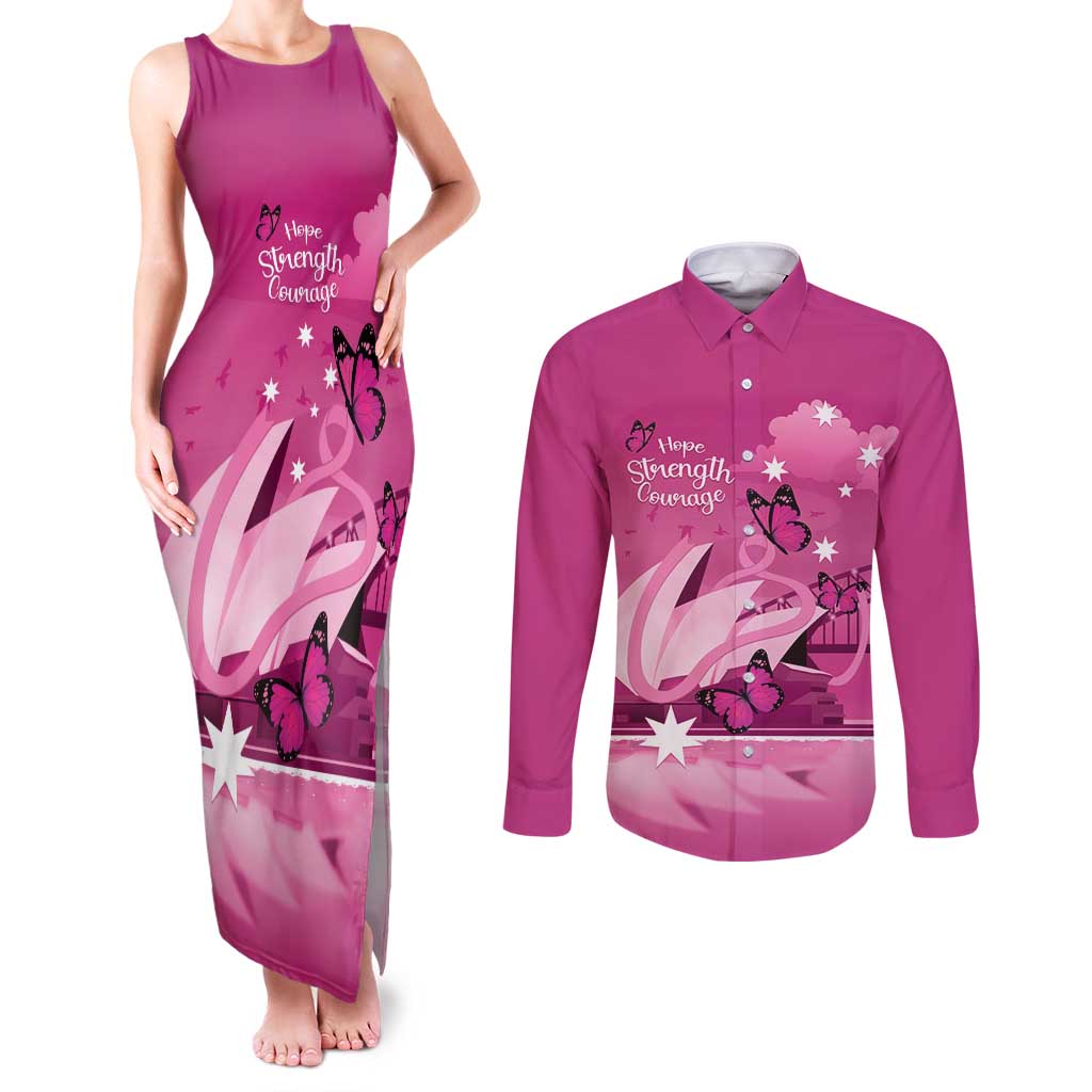 Personalised Australia Breast Cancer Awareness Couples Matching Tank Maxi Dress and Long Sleeve Button Shirt Sydney Opera House Butterfly Pink Ribbon - Aussie Hoodie