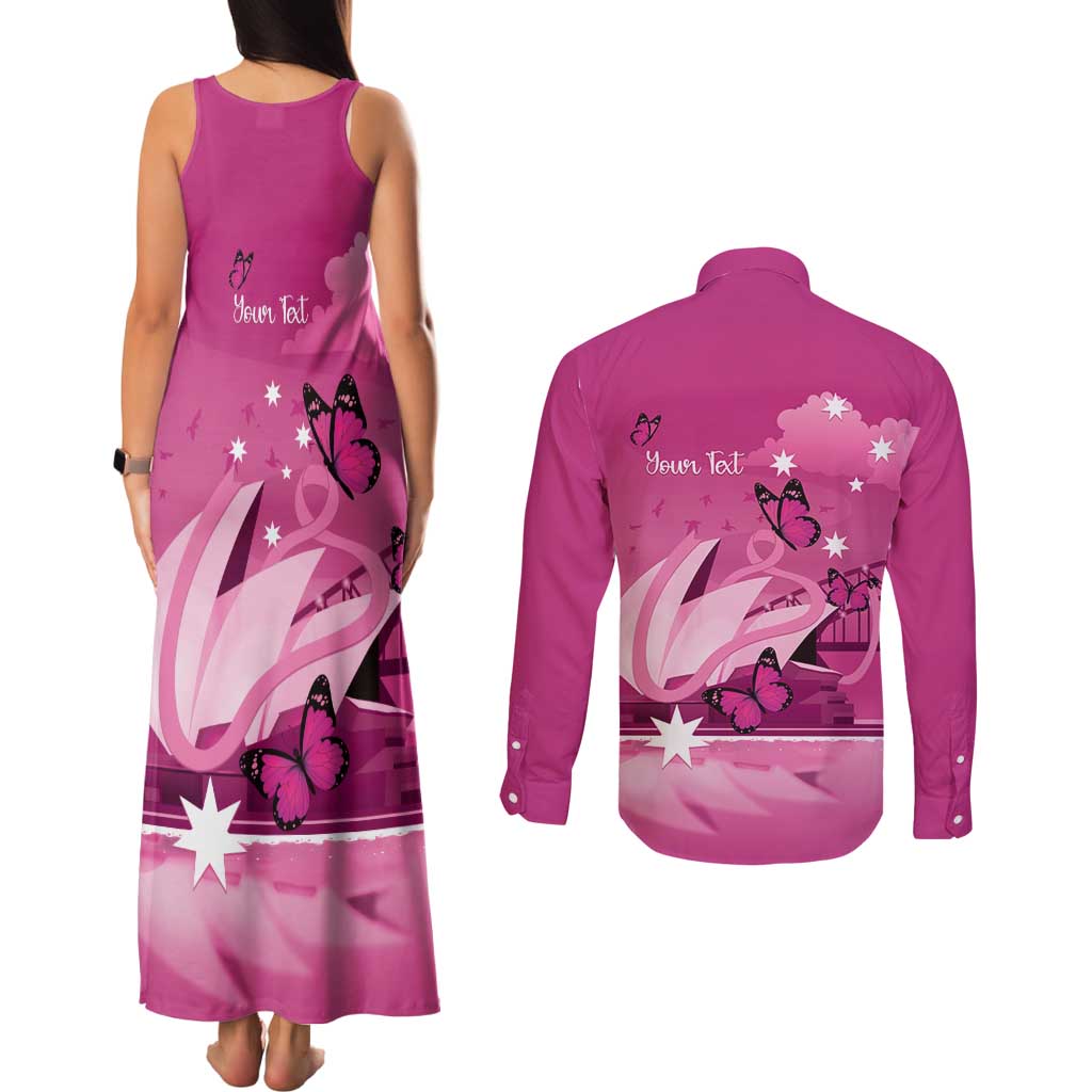 Personalised Australia Breast Cancer Awareness Couples Matching Tank Maxi Dress and Long Sleeve Button Shirt Sydney Opera House Butterfly Pink Ribbon - Aussie Hoodie