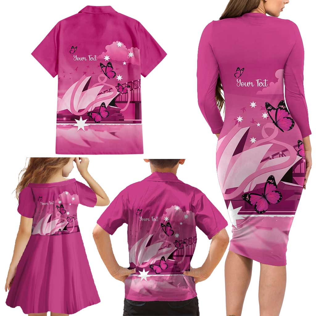 Personalised Australia Breast Cancer Awareness Family Matching Long Sleeve Bodycon Dress and Hawaiian Shirt Sydney Opera House Butterfly Pink Ribbon - Aussie Hoodie