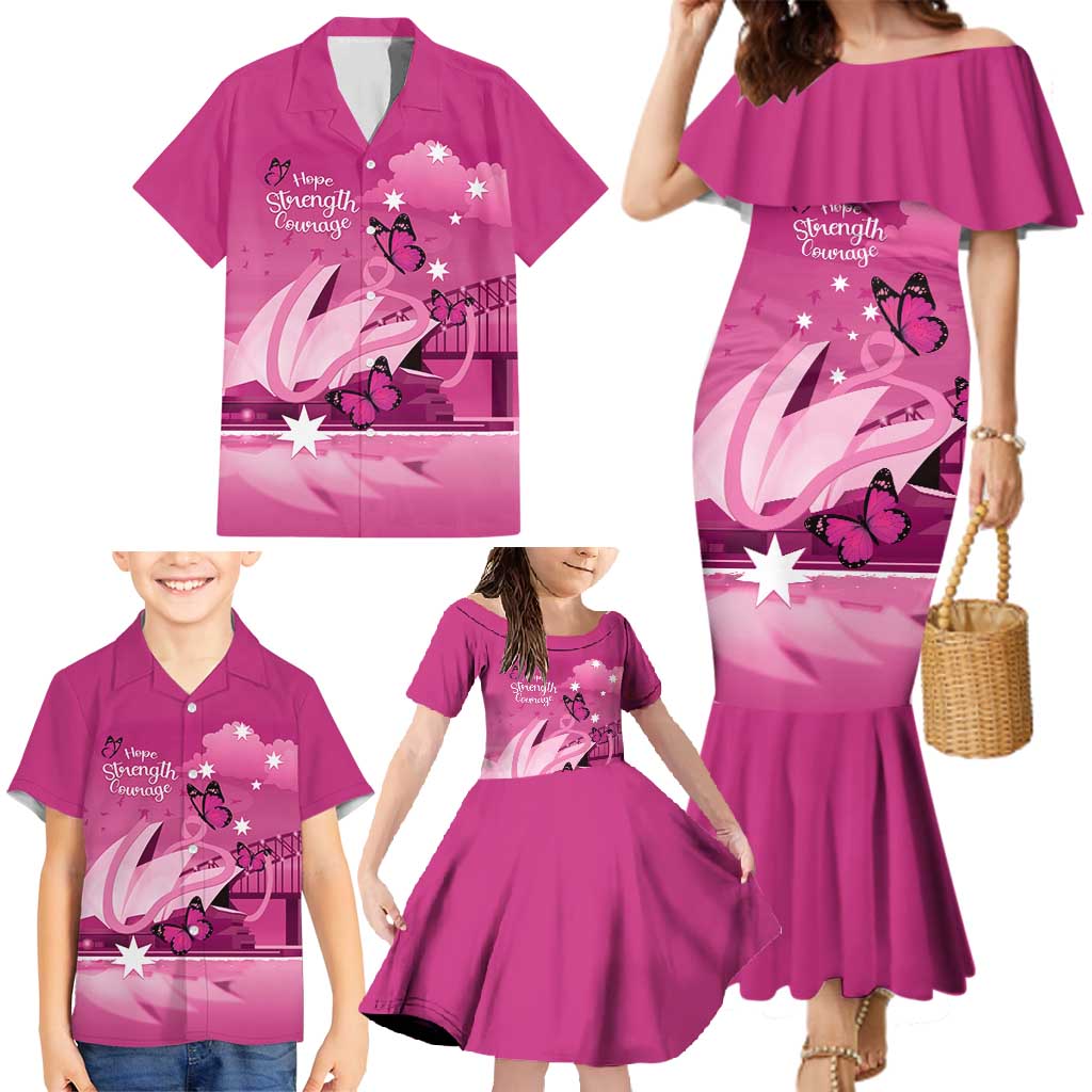 Personalised Australia Breast Cancer Awareness Family Matching Mermaid Dress and Hawaiian Shirt Sydney Opera House Butterfly Pink Ribbon - Aussie Hoodie