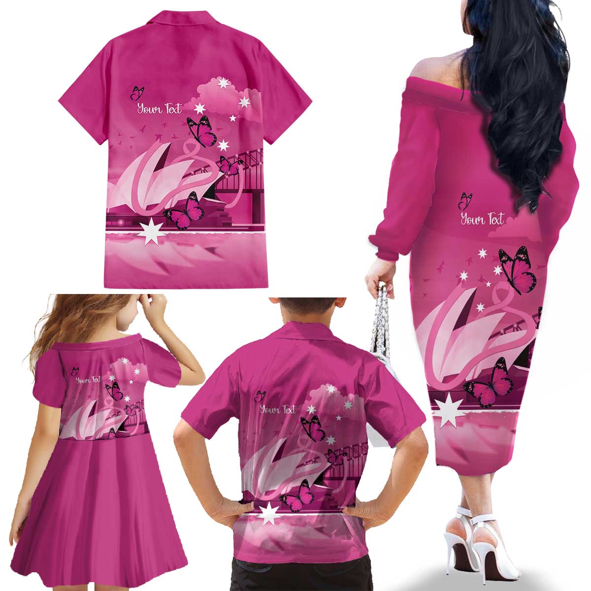 Personalised Australia Breast Cancer Awareness Family Matching Off The Shoulder Long Sleeve Dress and Hawaiian Shirt Sydney Opera House Butterfly Pink Ribbon - Aussie Hoodie