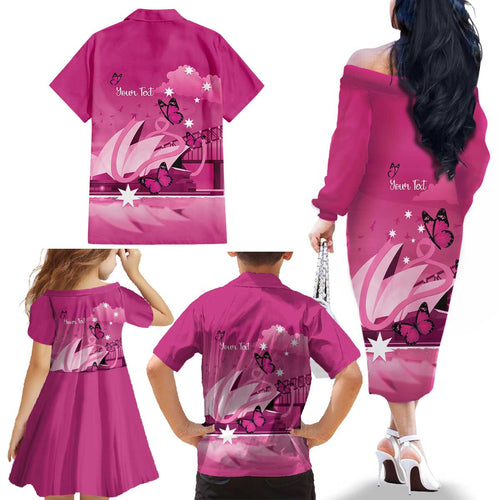 Personalised Australia Breast Cancer Awareness Family Matching Off The Shoulder Long Sleeve Dress and Hawaiian Shirt Sydney Opera House Butterfly Pink Ribbon - Aussie Hoodie