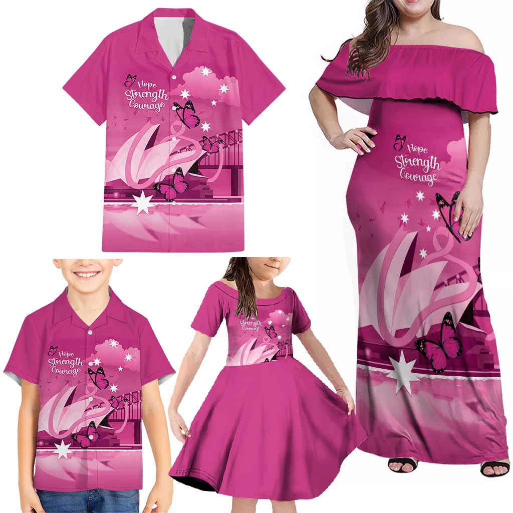 Personalised Australia Breast Cancer Awareness Family Matching Off Shoulder Maxi Dress and Hawaiian Shirt Sydney Opera House Butterfly Pink Ribbon - Aussie Hoodie