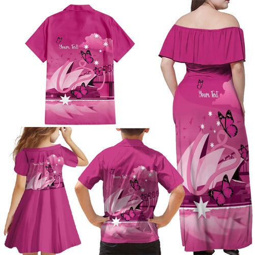 Personalised Australia Breast Cancer Awareness Family Matching Off Shoulder Maxi Dress and Hawaiian Shirt Sydney Opera House Butterfly Pink Ribbon - Aussie Hoodie