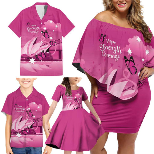 Personalised Australia Breast Cancer Awareness Family Matching Off Shoulder Short Dress and Hawaiian Shirt Sydney Opera House Butterfly Pink Ribbon - Aussie Hoodie
