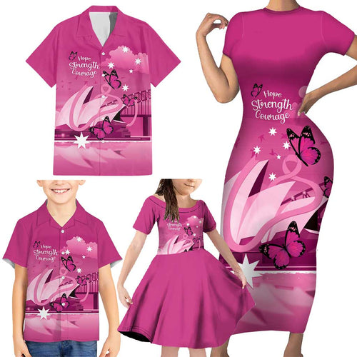 Personalised Australia Breast Cancer Awareness Family Matching Short Sleeve Bodycon Dress and Hawaiian Shirt Sydney Opera House Butterfly Pink Ribbon - Aussie Hoodie