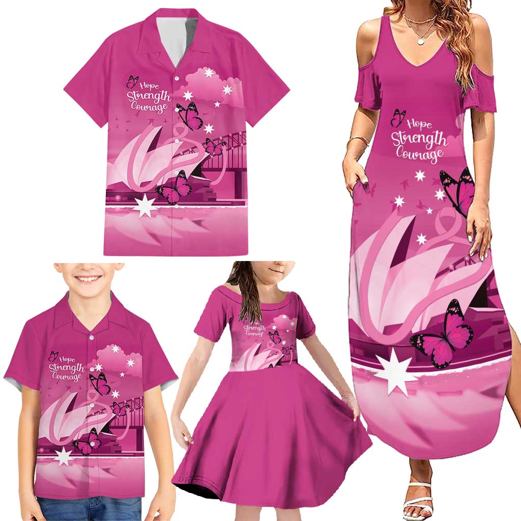 Personalised Australia Breast Cancer Awareness Family Matching Summer Maxi Dress and Hawaiian Shirt Sydney Opera House Butterfly Pink Ribbon - Aussie Hoodie