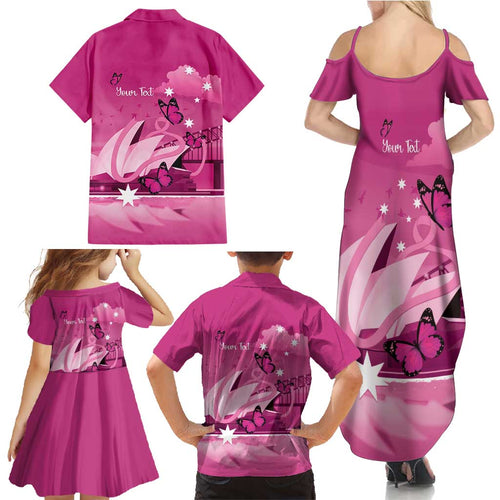 Personalised Australia Breast Cancer Awareness Family Matching Summer Maxi Dress and Hawaiian Shirt Sydney Opera House Butterfly Pink Ribbon - Aussie Hoodie