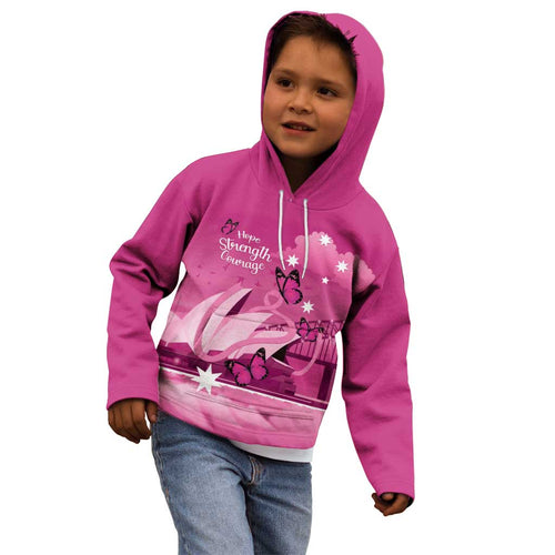 Personalised Australia Breast Cancer Awareness Kid Hoodie Sydney Opera House Butterfly Pink Ribbon - Aussie Hoodie