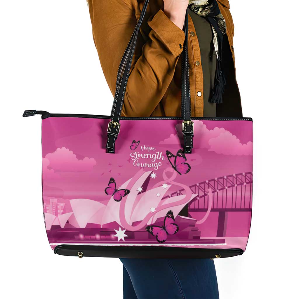 Australia Breast Cancer Awareness Leather Tote Bag Sydney Opera House Butterfly Pink Ribbon - Aussie Hoodie