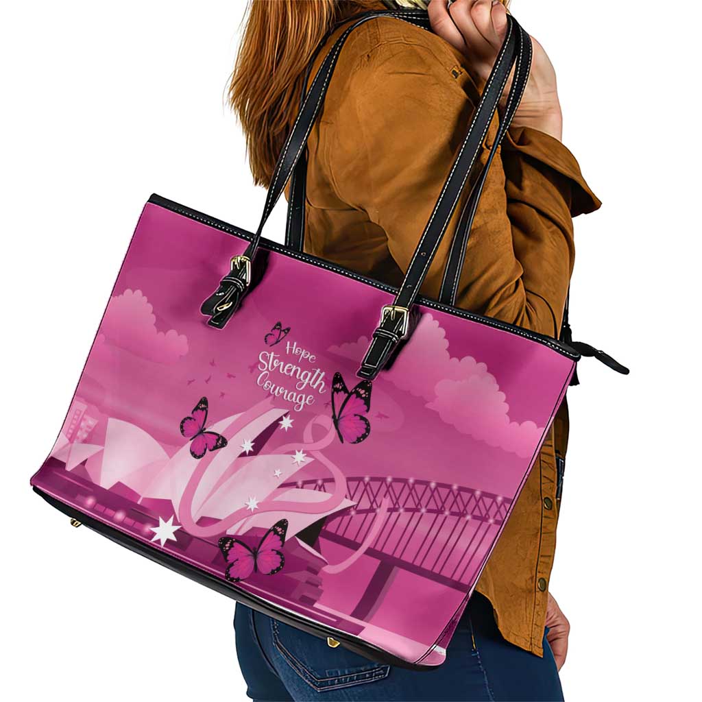Australia Breast Cancer Awareness Leather Tote Bag Sydney Opera House Butterfly Pink Ribbon - Aussie Hoodie