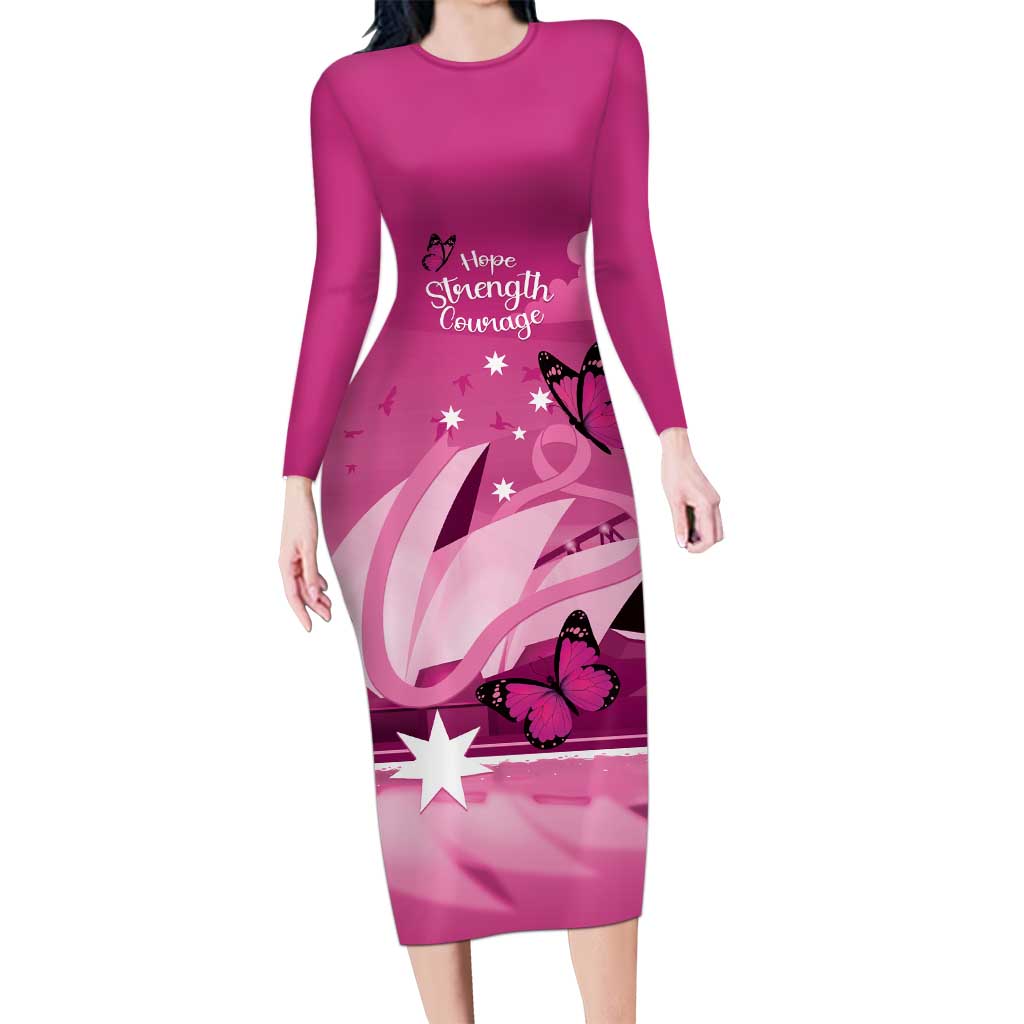 Personalised Australia Breast Cancer Awareness Long Sleeve Bodycon Dress Sydney Opera House Butterfly Pink Ribbon - Aussie Hoodie
