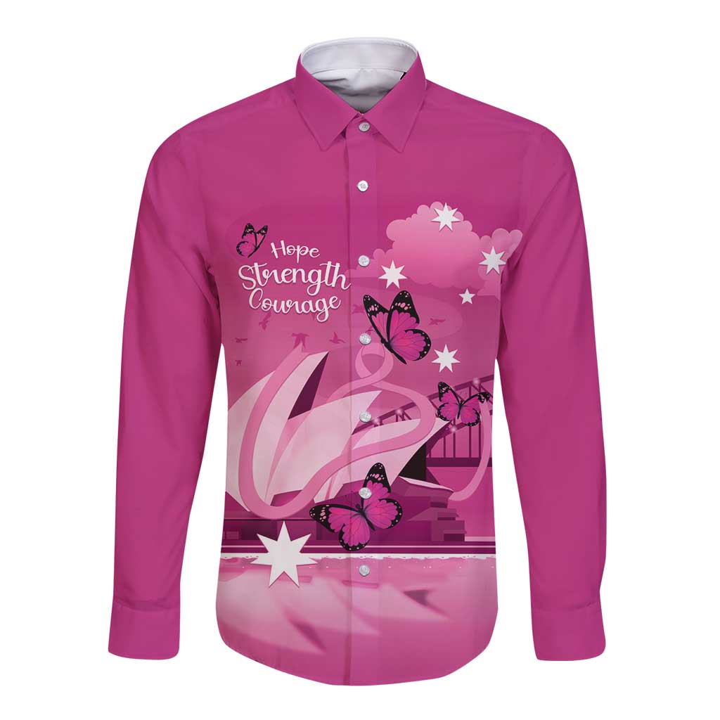 Personalised Australia Breast Cancer Awareness Long Sleeve Button Shirt Sydney Opera House Butterfly Pink Ribbon - Aussie Hoodie