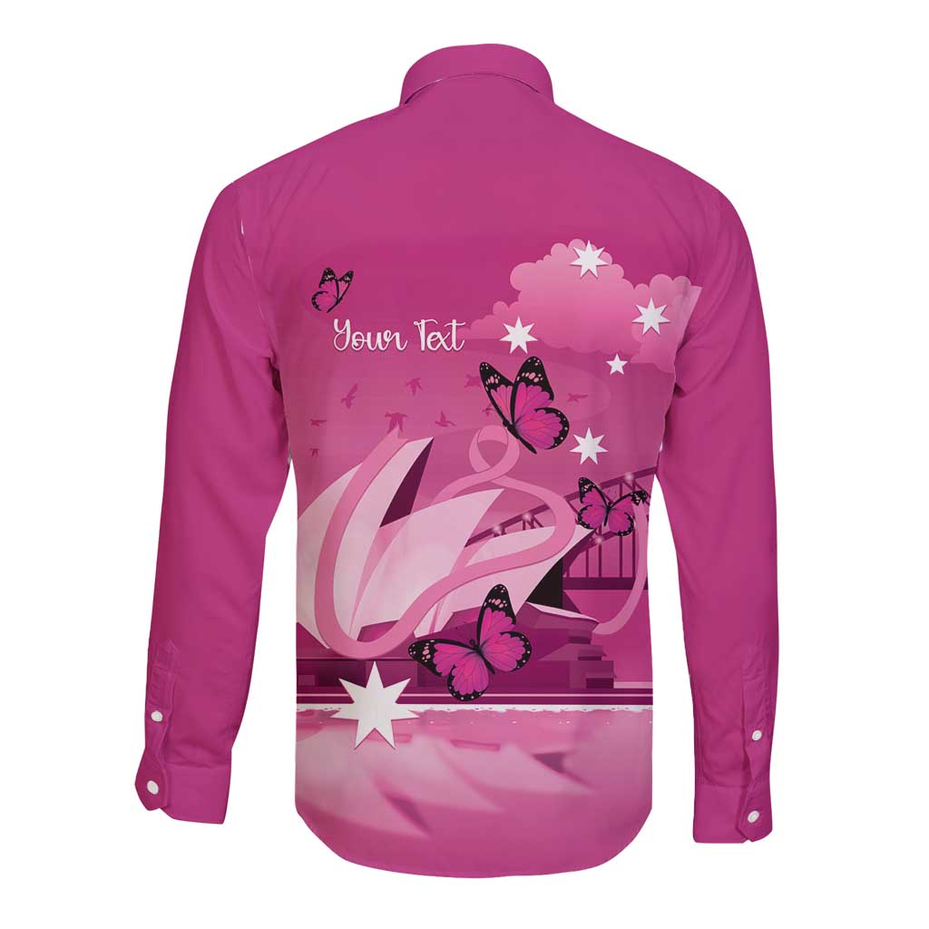 Personalised Australia Breast Cancer Awareness Long Sleeve Button Shirt Sydney Opera House Butterfly Pink Ribbon - Aussie Hoodie