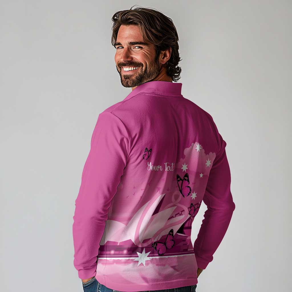 Personalised Australia Breast Cancer Awareness Long Sleeve Polo Shirt Sydney Opera House Butterfly Pink Ribbon - Aussie Hoodie