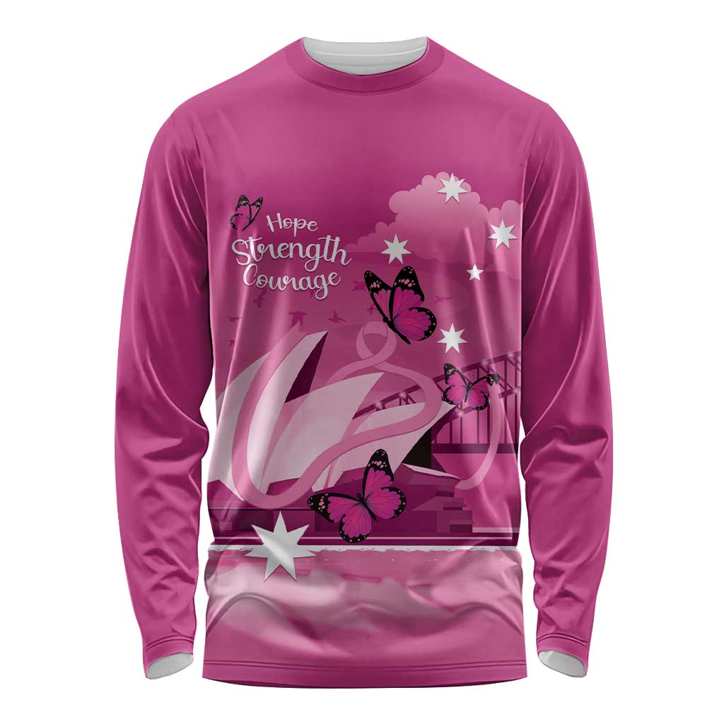 Personalised Australia Breast Cancer Awareness Long Sleeve Shirt Sydney Opera House Butterfly Pink Ribbon - Aussie Hoodie