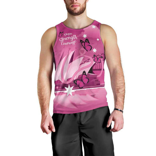 Personalised Australia Breast Cancer Awareness Men Tank Top Sydney Opera House Butterfly Pink Ribbon - Aussie Hoodie