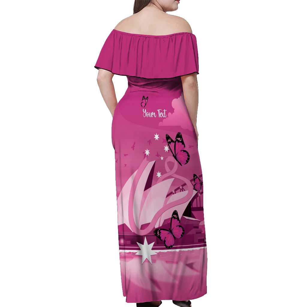 Personalised Australia Breast Cancer Awareness Off Shoulder Maxi Dress Sydney Opera House Butterfly Pink Ribbon - Aussie Hoodie