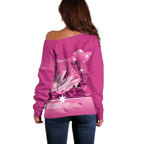 Personalised Australia Breast Cancer Awareness Off Shoulder Sweater Sydney Opera House Butterfly Pink Ribbon - Aussie Hoodie