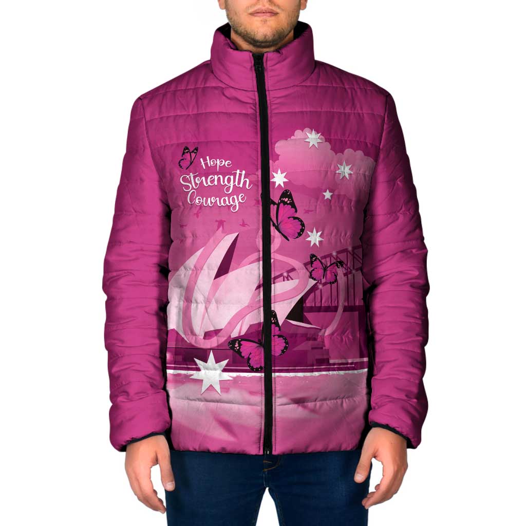 Personalised Australia Breast Cancer Awareness Padded Jacket Sydney Opera House Butterfly Pink Ribbon - Aussie Hoodie