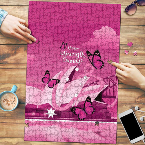 Australia Breast Cancer Awareness Puzzle Sydney Opera House Butterfly Pink Ribbon - Aussie Hoodie