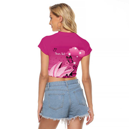 Personalised Australia Breast Cancer Awareness Raglan Cropped T Shirt Sydney Opera House Butterfly Pink Ribbon - Aussie Hoodie