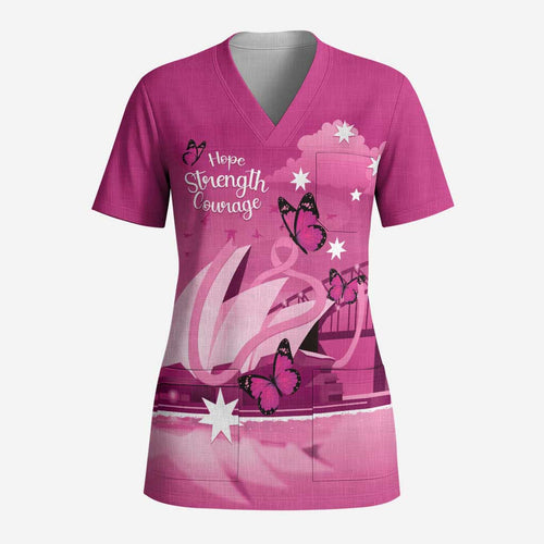 Personalised Australia Breast Cancer Awareness Scrub Top Sydney Opera House Butterfly Pink Ribbon - Aussie Hoodie